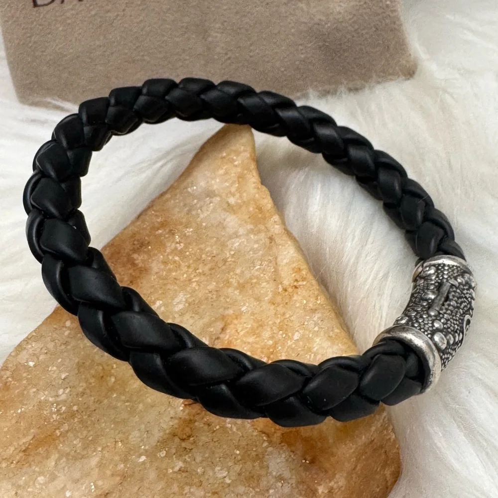 David Yurman .925 Sea Urchin 8.5mm Black Braided Rubber Bracelet - Picture 3 of 9